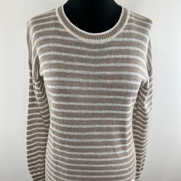 White + Warren Tan White Striped Linen Long Sleeve Round Neck Tunic Size XS - Picture 2 of 10